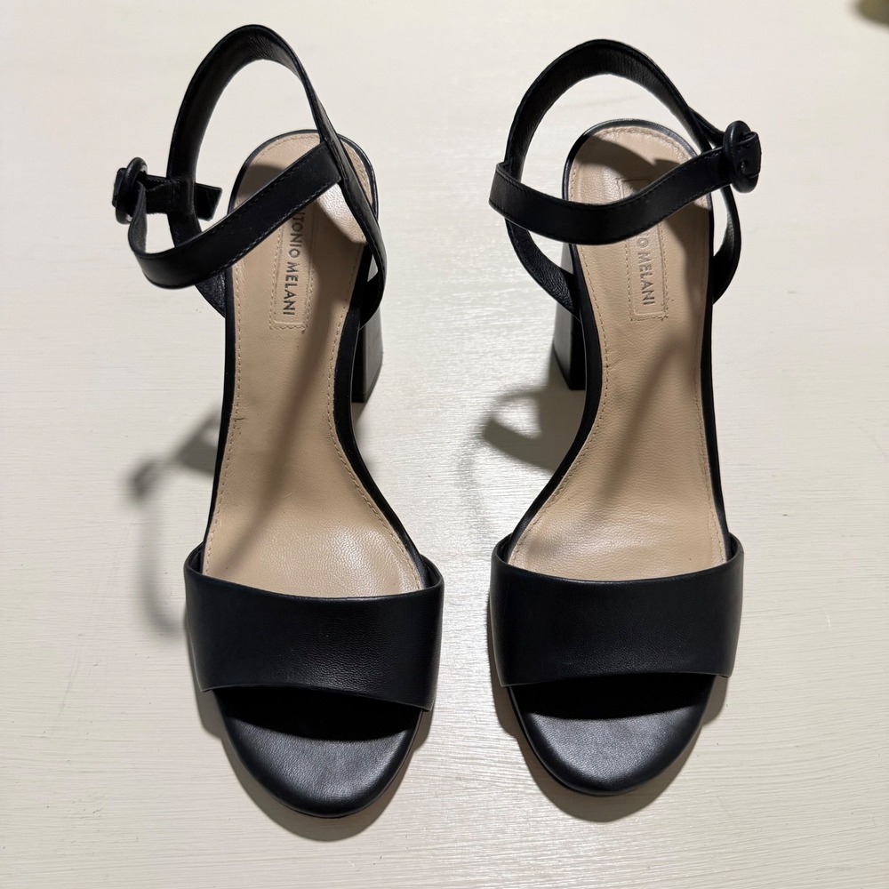 Antonio Melani Black Leather Block Heel Ankle Strap Sandals Size 7M
